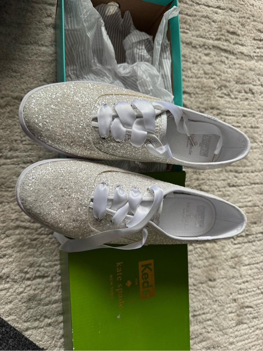 Kate Spade Glitter Ribbon Lace-Up Sneakers in White